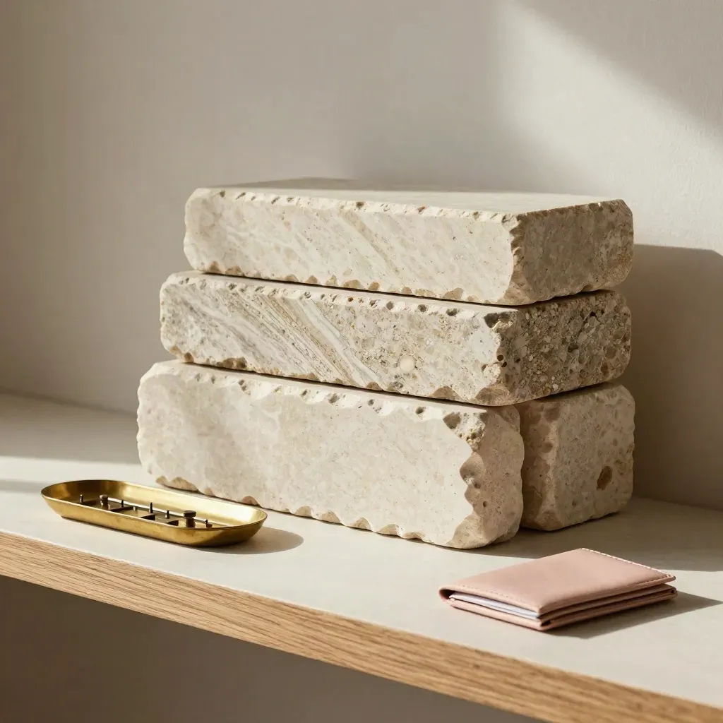 Stone pricing blocks, brass tray and blush card wallet on a plaster shelf in warm late-afternoon light.