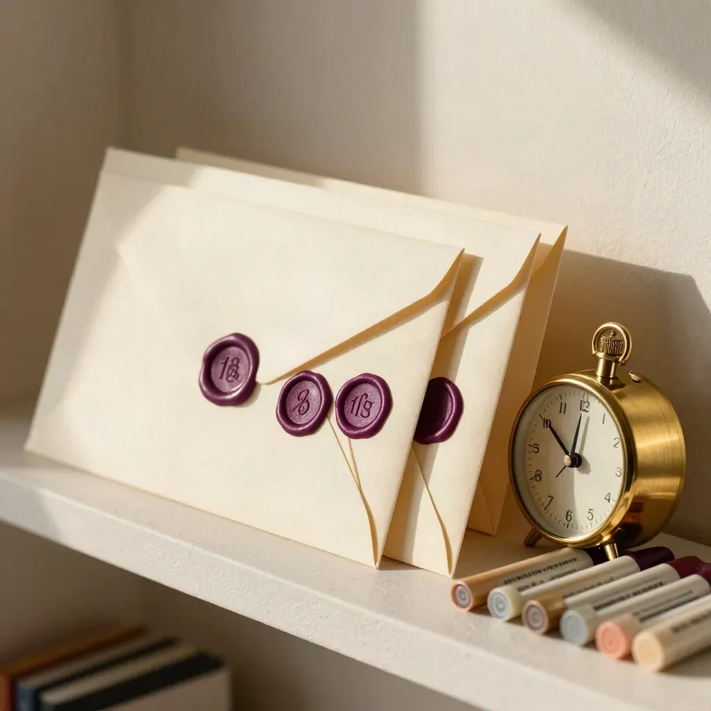 Macro still life of sealed task envelopes, brass timer and check markers on a shelf.
