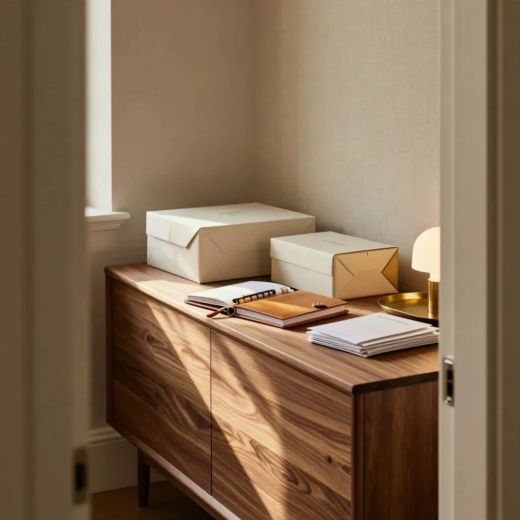 Walnut sideboard with client boxes, leather planner, and dispatch envelopes in warm morning light.