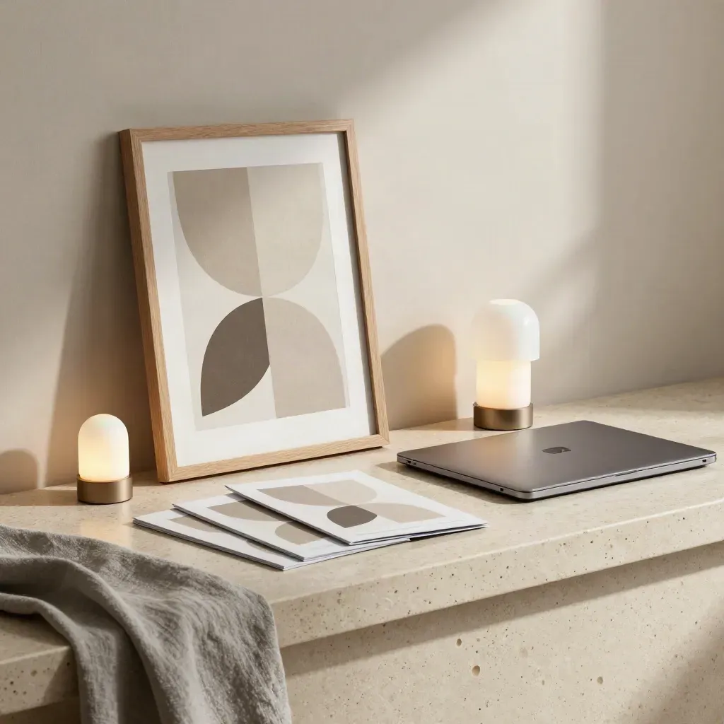 Launch-ready coaching materials on a pale ledge with framed abstract board, brochures, laptop and lamp.