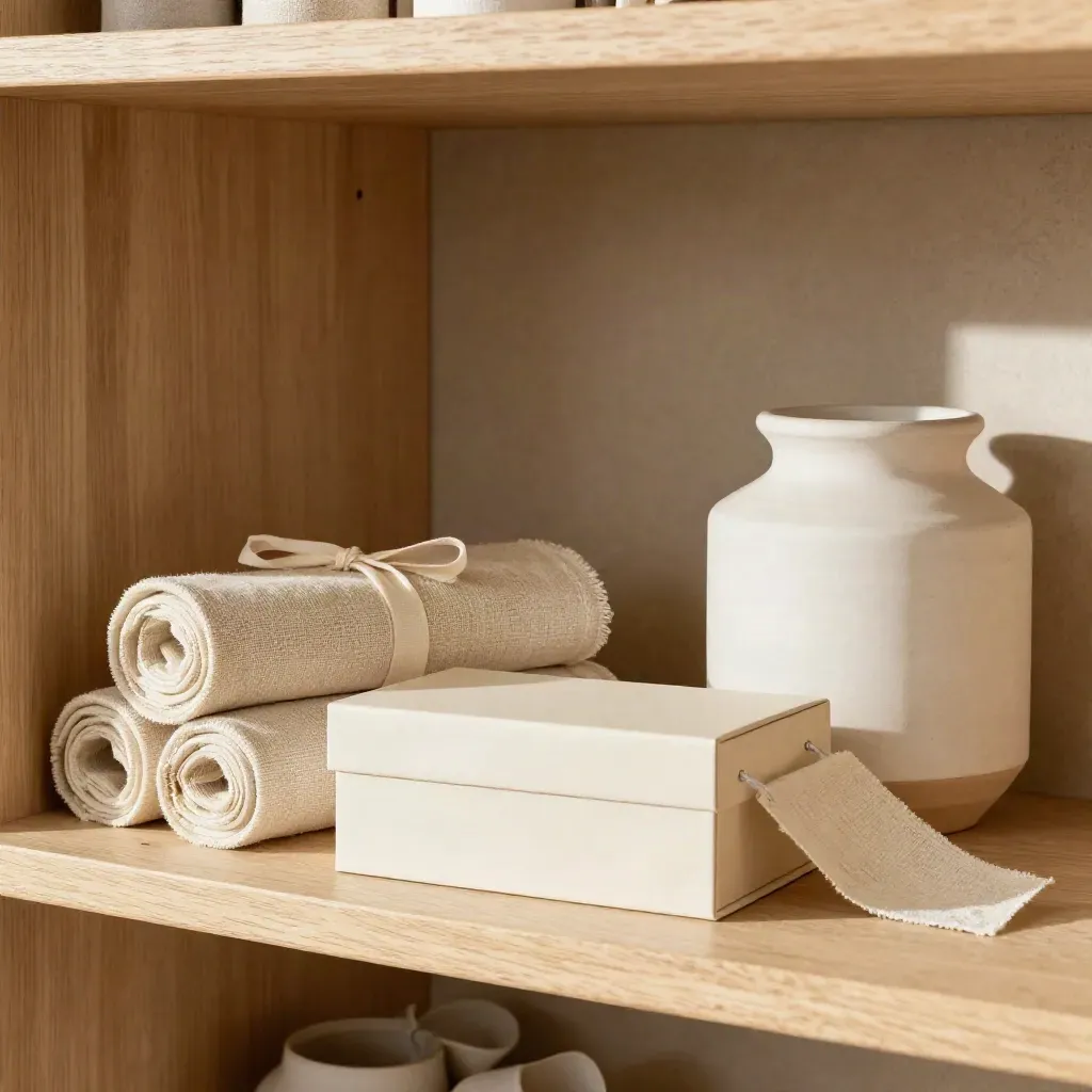 Cream maker shelf with linen swatches, a signature box and ceramic vessel in soft afternoon light.