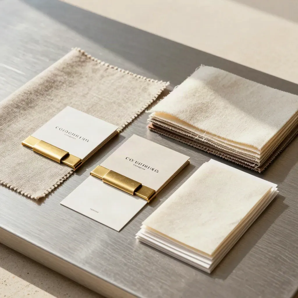 Tiered pricing bundles, fabric swatches and a brass clamp on a pewter surface