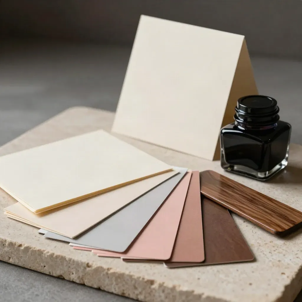 Editorial still life of color swatches, folded cards, bone folder and ink bottle on pale stone.