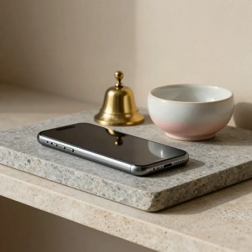 Top-down still life of a phone, brass bell and ceramic catchall on stone.