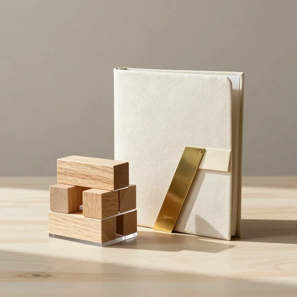Pale wood blocks, linen folder, and brass divider forming a tiered business plan still life.