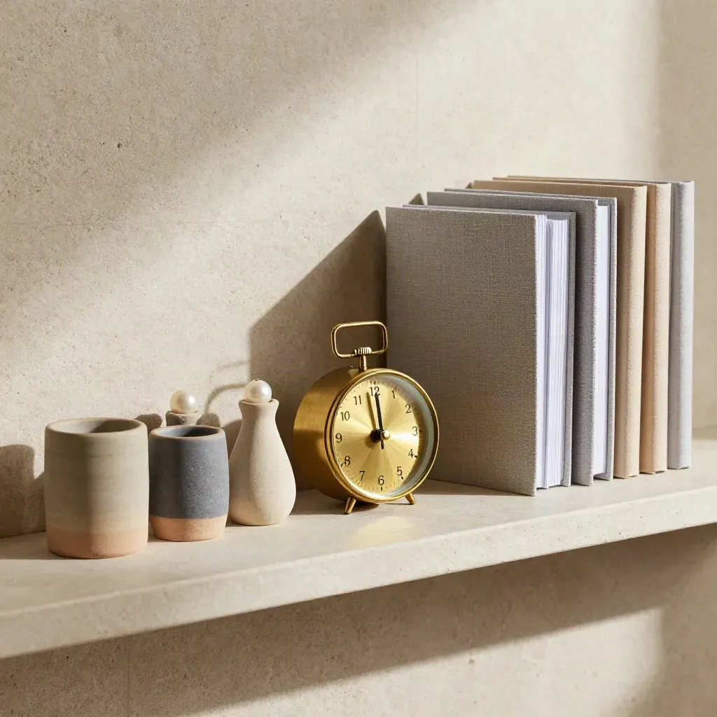 Brass timer, ceramic markers and closed planners on a narrow shelf in soft side light.