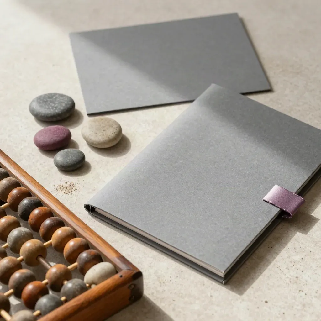 Abacus, smooth stones, and a sealed results folder on stone in soft overhead light.