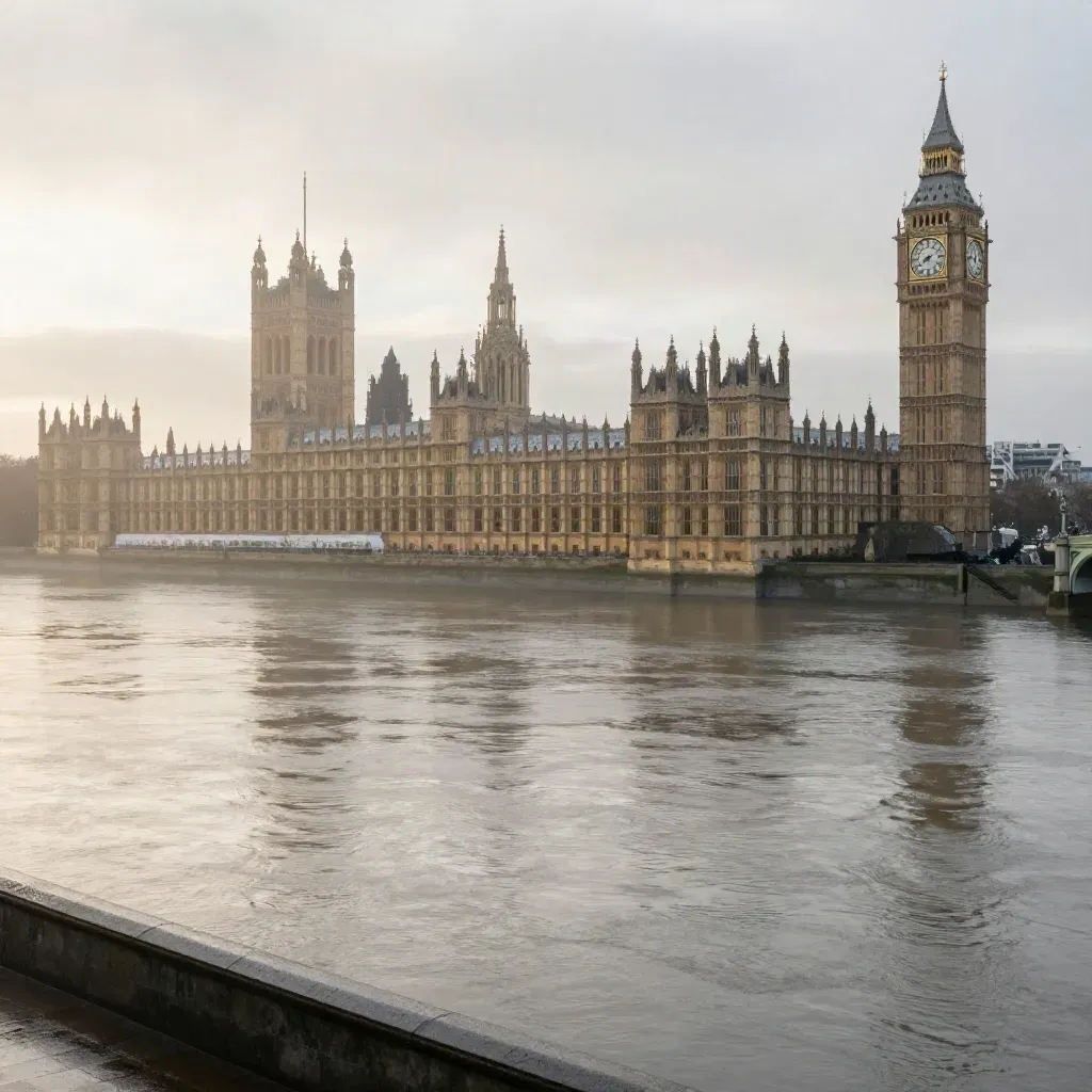 Westminster and the Thames at dawn, with misty water below and the Palace of Westminster high above.