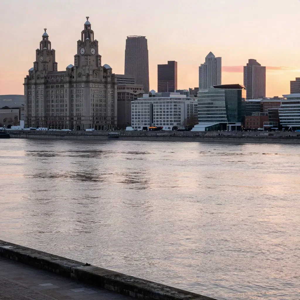 Liverpool waterfront at sunset with skyline high and the Mersey calm below.