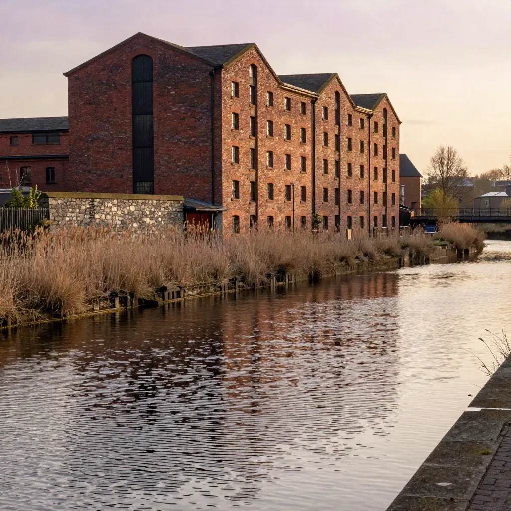 Red-brick Birmingham canals at dusk with calm reflective water and soft haze
