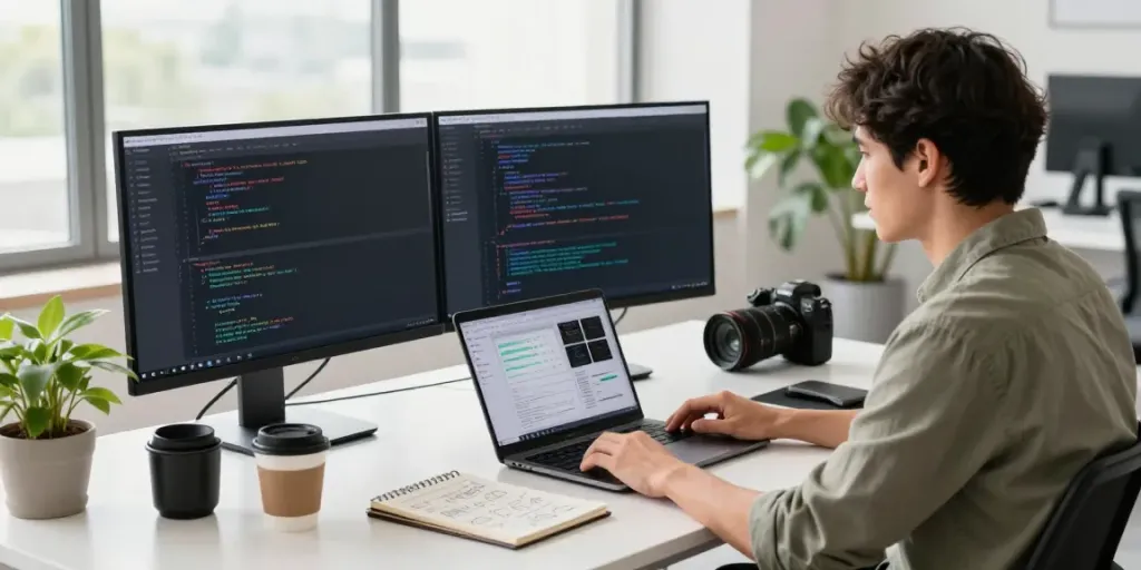 Developer using instant indexing tools at a modern tech workspace with dual monitors.